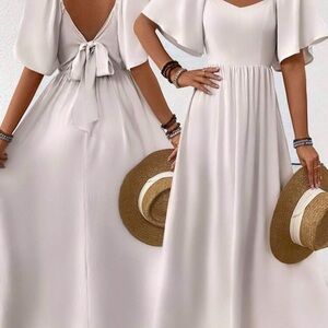 Light Beige Maxi Dress- Bow ~ flutter sleeve